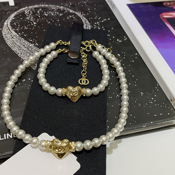 Set colier și brățară cu lanț perlă — alamă, finisaj diamant, model: Iubire / Picături de apă / clopot