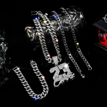 Set ogrlice i narukvice s kubanskim lančićem, legura, elektro-poliranje, rhinestones, stacking hip-hop stil