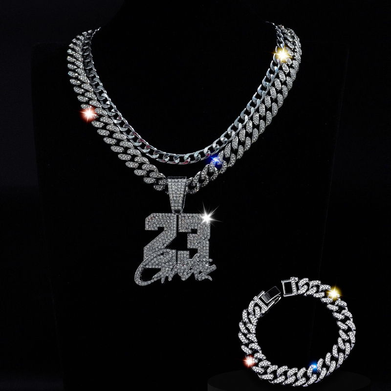 Set ogrlice i narukvice s kubanskim lančićem, legura, elektro-poliranje, rhinestones, stacking hip-hop stil