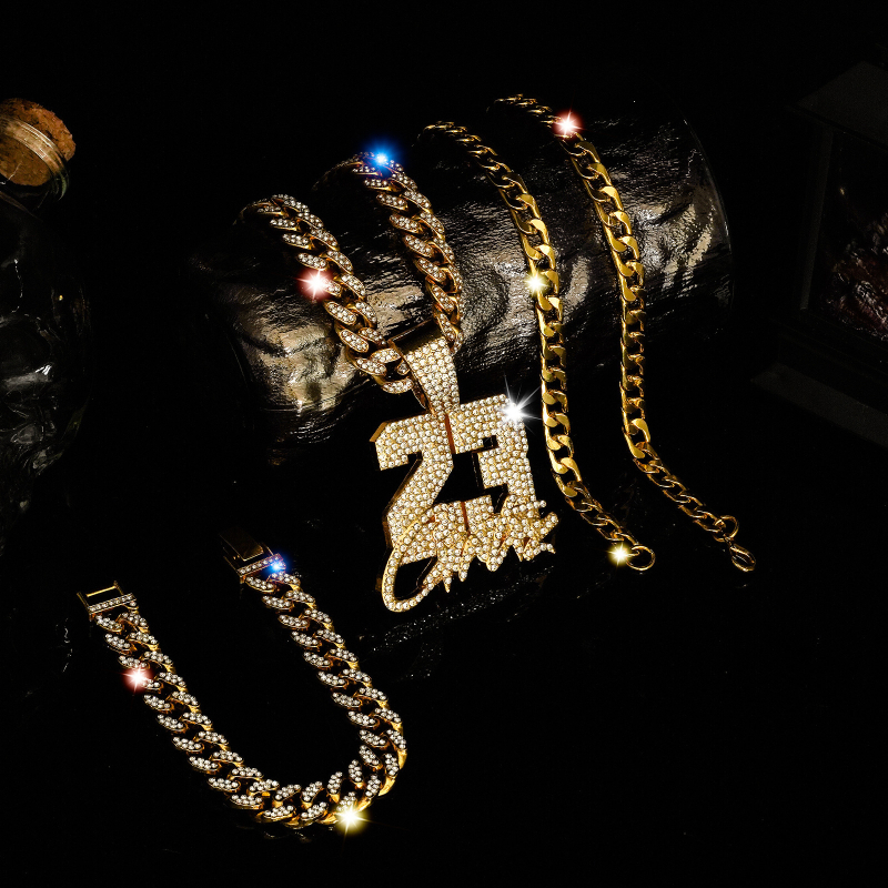 Set ogrlice i narukvice s kubanskim lančićem, legura, elektro-poliranje, rhinestones, stacking hip-hop stil