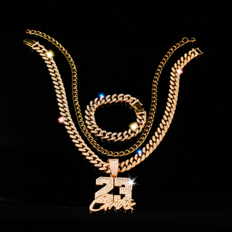 Set ogrlice i narukvice s kubanskim lančićem, legura, elektro-poliranje, rhinestones, stacking hip-hop stil