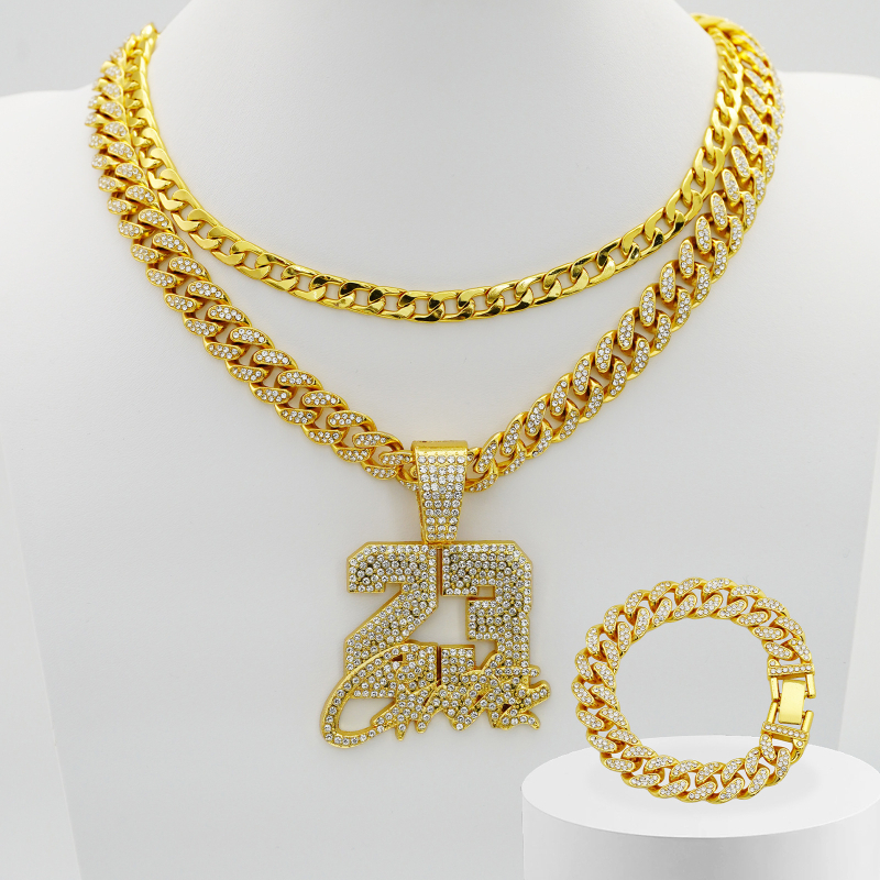 Set ogrlice i narukvice s kubanskim lančićem, legura, elektro-poliranje, rhinestones, stacking hip-hop stil