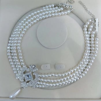 Geometrijski kvadratni rhinestones ogrlica choker s višeslojnim umjetnim perlama — cinkova zliatina, običan lanac, privjesak od legure
