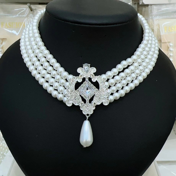 Geometrijski kvadratni rhinestones ogrlica choker s višeslojnim umjetnim perlama — cinkova zliatina, običan lanac, privjesak od legure