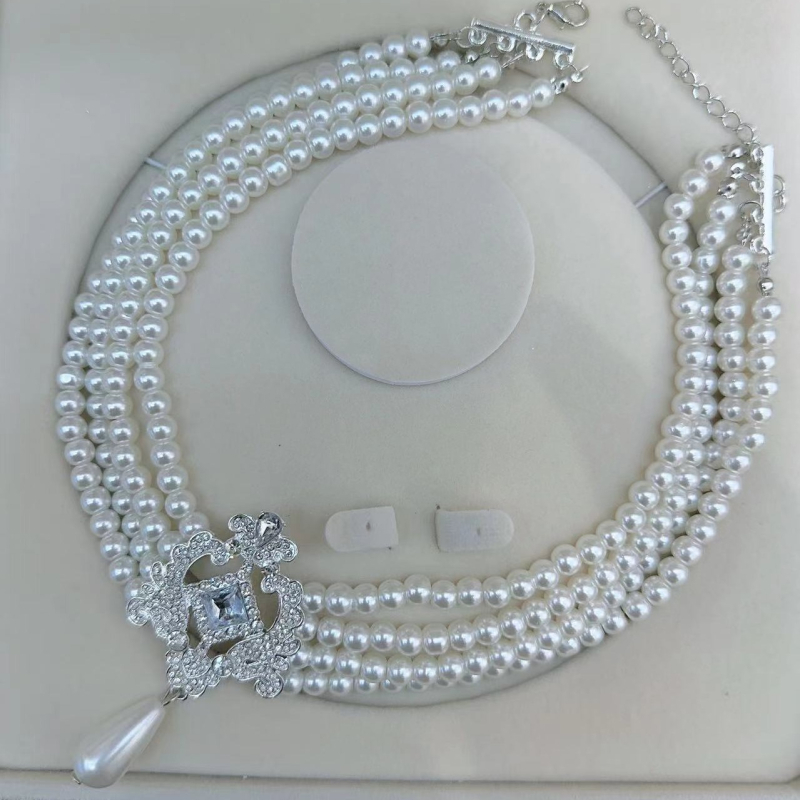 Geometrijski kvadratni rhinestones ogrlica choker s višeslojnim umjetnim perlama — cinkova zliatina, običan lanac, privjesak od legure