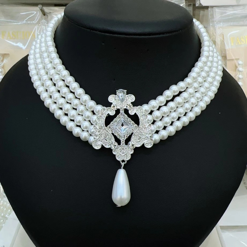 Geometrijski kvadratni rhinestones ogrlica choker s višeslojnim umjetnim perlama — cinkova zliatina, običan lanac, privjesak od legure