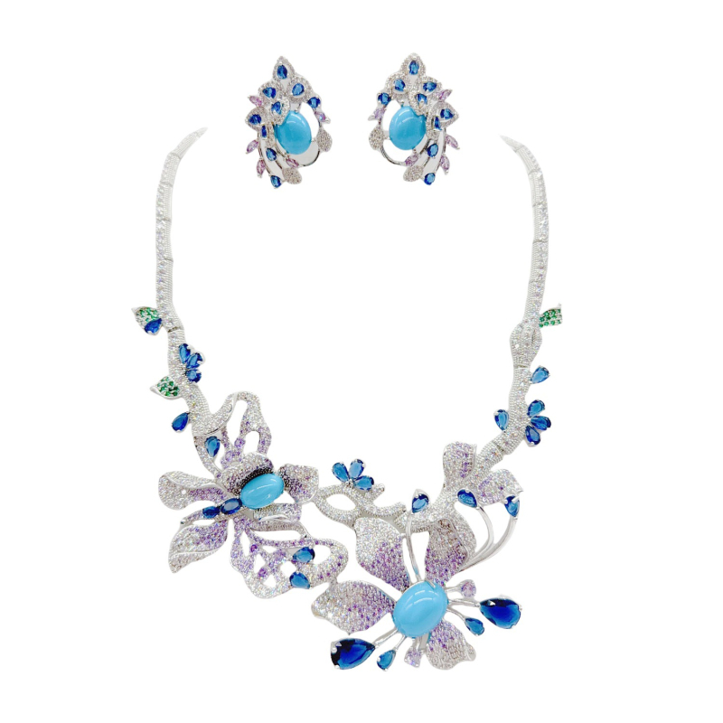 Set nakita: ogrlica i naušnice s cirkonijem, ugradnja cirkonija, uvijeni lančić, privjesak od legure, cvjetni motiv