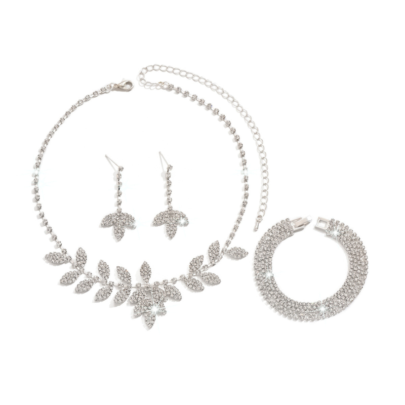 Ženski set nakita od bakra s rhinestones, motiv lišća — ogrlica, naušnice i narukvica, claw chain lanac, cvjetni uzorak, zimska 2025 kolekcija
