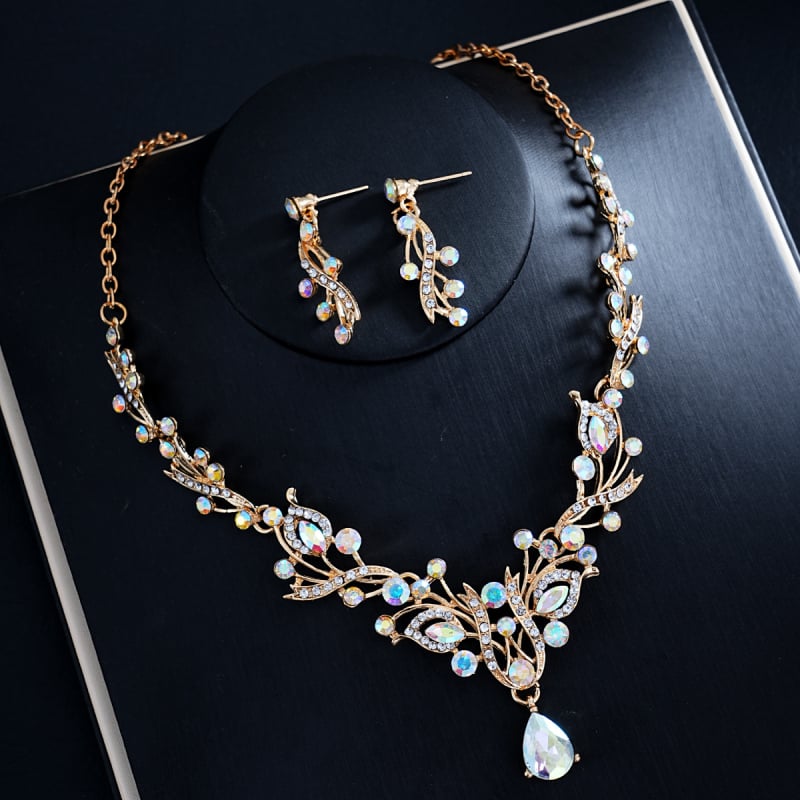 Set nakita za vjenčanje: ogrlica i naušnice s rhinestones, dijamantno rezanje, cvjetni uzorak, obična lančić