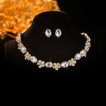 Geometrijski set nakita s rhinestones: ogrlica, naušnice i prsten, običan lanac, umjetni kristali, elektroplatinasto završetak, Jun chun