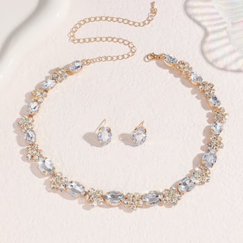 Geometrijski set nakita s rhinestones: ogrlica, naušnice i prsten, običan lanac, umjetni kristali, elektroplatinasto završetak, Jun chun