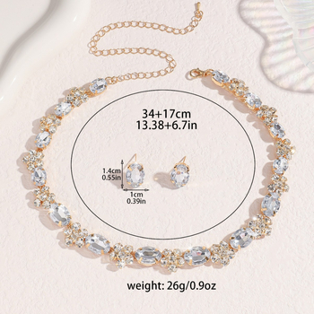 Geometrijski set nakita s rhinestones: ogrlica, naušnice i prsten, običan lanac, umjetni kristali, elektroplatinasto završetak, Jun chun