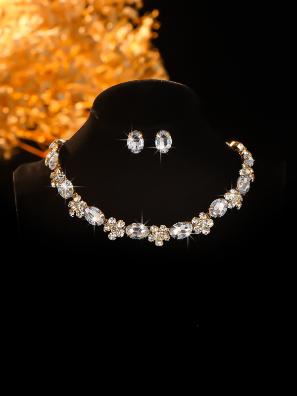 Geometrijski set nakita s rhinestones: ogrlica, naušnice i prsten, običan lanac, umjetni kristali, elektroplatinasto završetak, Jun chun