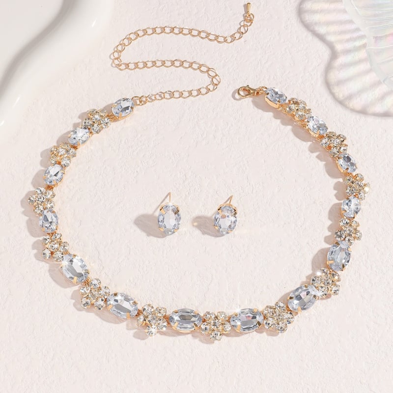 Geometrijski set nakita s rhinestones: ogrlica, naušnice i prsten, običan lanac, umjetni kristali, elektroplatinasto završetak, Jun chun