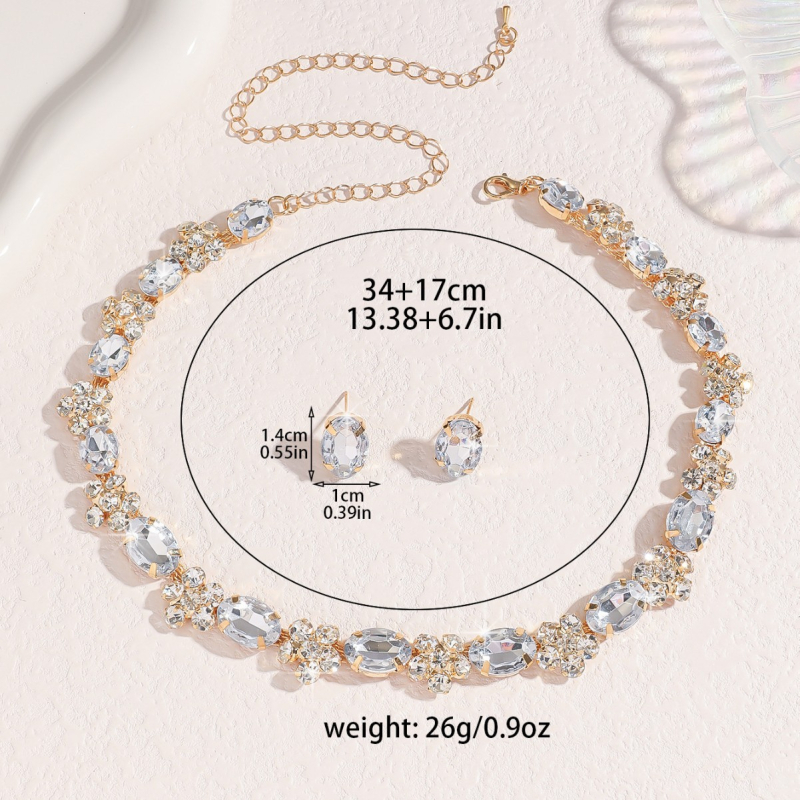 Geometrijski set nakita s rhinestones: ogrlica, naušnice i prsten, običan lanac, umjetni kristali, elektroplatinasto završetak, Jun chun