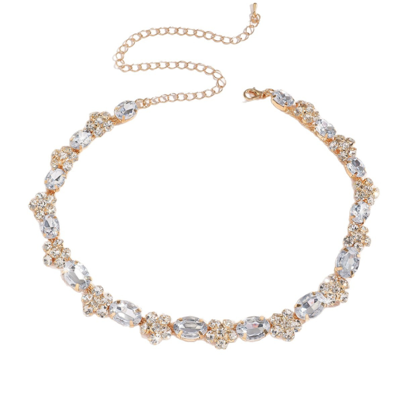 Geometrijski set nakita s rhinestones: ogrlica, naušnice i prsten, običan lanac, umjetni kristali, elektroplatinasto završetak, Jun chun