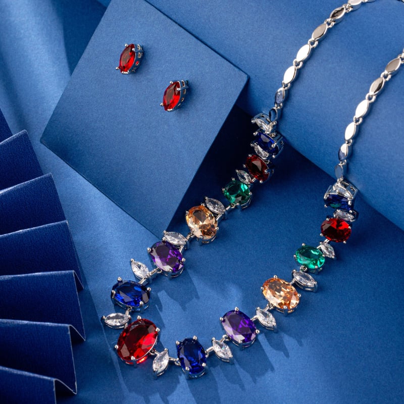 Bakreni set nakita s cirkonom, tanak lanac, naušnice i ogrlica, uzorak zvijezde/sunce i mjesec/univerzum, svježi i sladak stil