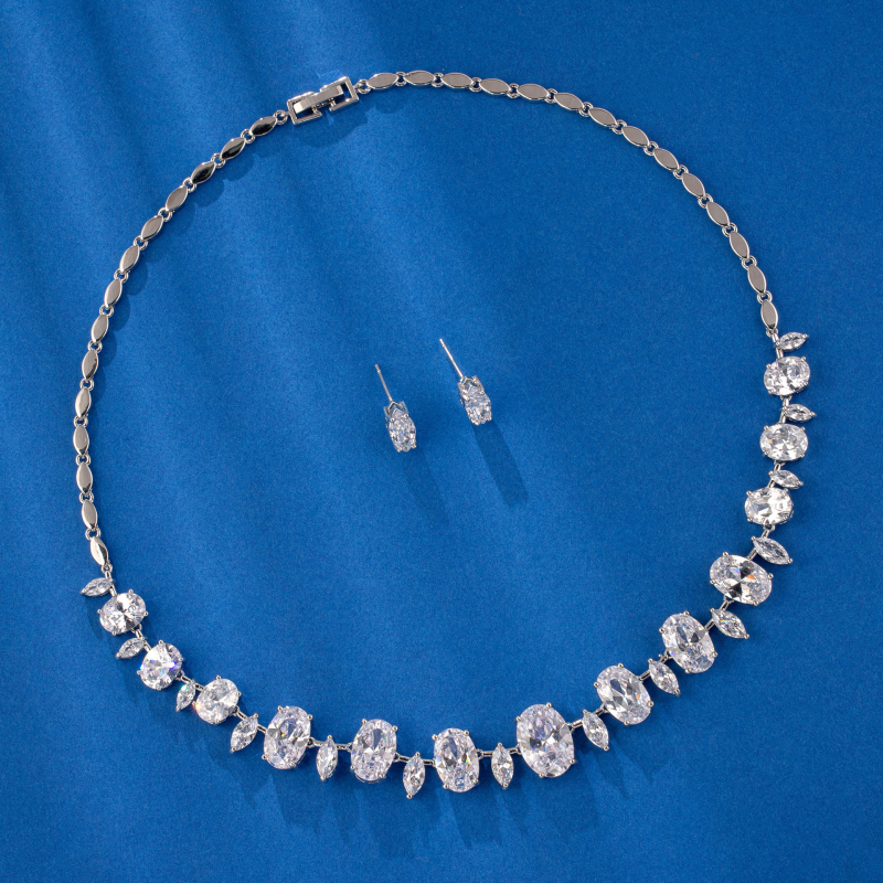 Bakreni set nakita s cirkonom, tanak lanac, naušnice i ogrlica, uzorak zvijezde/sunce i mjesec/univerzum, svježi i sladak stil