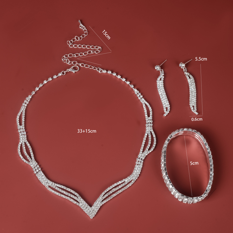 Trojkomponentni set nakita od rhinestone: naušnice, narukvica, ogrlica – uvijeni lančić, privjesak rhinestone, uzorak zvijezda/sunce i mjesec/oblaci/vesmirs, vjenčani jednostavan stil, Pisa marka.