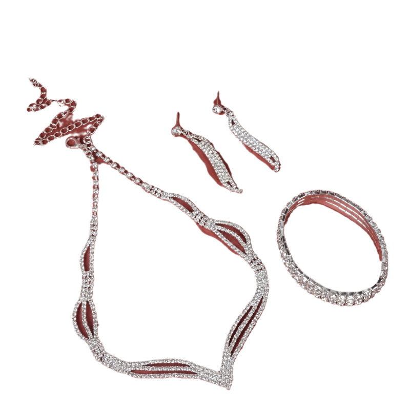 Trojkomponentni set nakita od rhinestone: naušnice, narukvica, ogrlica – uvijeni lančić, privjesak rhinestone, uzorak zvijezda/sunce i mjesec/oblaci/vesmirs, vjenčani jednostavan stil, Pisa marka.