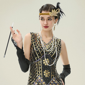 1920-ih vintage ukras za kosu s perjem i rhinestones — tiara s resicama, brit retro stil, komplet nakita za maškare (ogrlica, naušnice, narukvica)