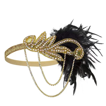 1920-ih vintage ukras za kosu s perjem i rhinestones — tiara s resicama, brit retro stil, komplet nakita za maškare (ogrlica, naušnice, narukvica)