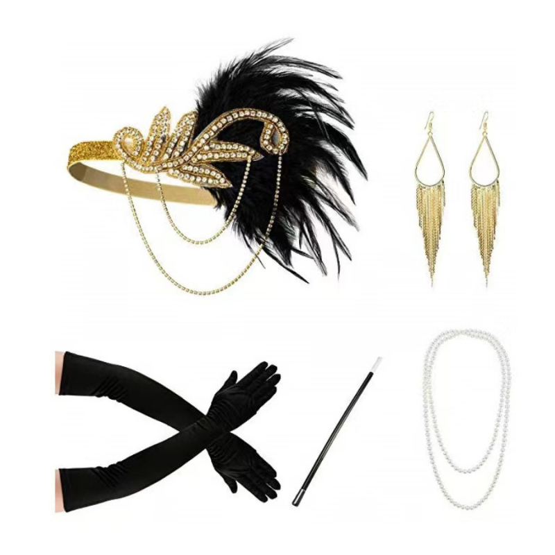 1920-ih vintage ukras za kosu s perjem i rhinestones — tiara s resicama, brit retro stil, komplet nakita za maškare (ogrlica, naušnice, narukvica)