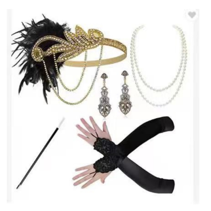 1920-ih vintage ukras za kosu s perjem i rhinestones — tiara s resicama, brit retro stil, komplet nakita za maškare (ogrlica, naušnice, narukvica)