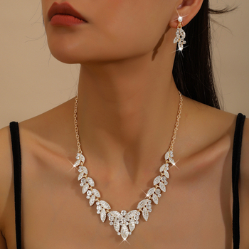 Set vjenčanih nakita s motivom pšenice: ogrlica i naušnice, legura, dijamantna obrada, običan lanac, stil princeze