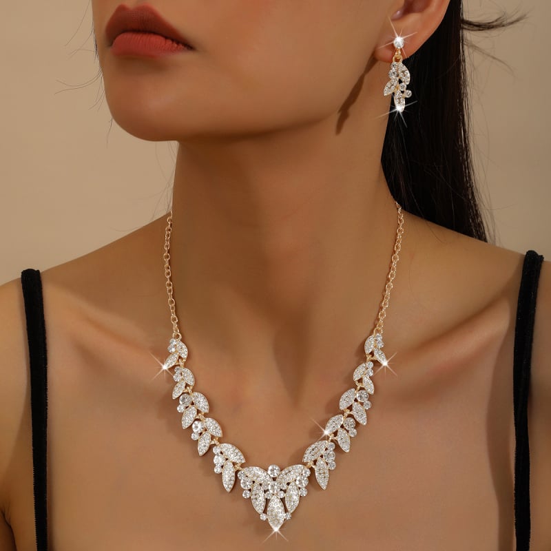 Set vjenčanih nakita s motivom pšenice: ogrlica i naušnice, legura, dijamantna obrada, običan lanac, stil princeze