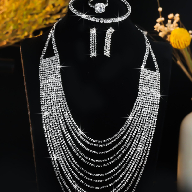 Geometrijska ogrlica od mesinga s rhinestones, elektropliranje, opseg 21–50 cm, standardni lanac, lagani luksuzni stil, za žene