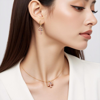 Set ogrlice i naušnica: gljiva-oblika privjesak s kristalima, nehrđajući čelik, završnica kapljica ulja, perljasti lanac, titan čelik visići dijelovi, sladak stil