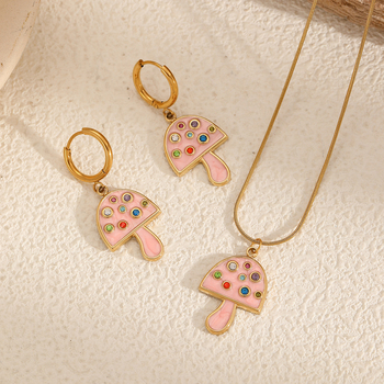 Set ogrlice i naušnica: gljiva-oblika privjesak s kristalima, nehrđajući čelik, završnica kapljica ulja, perljasti lanac, titan čelik visići dijelovi, sladak stil