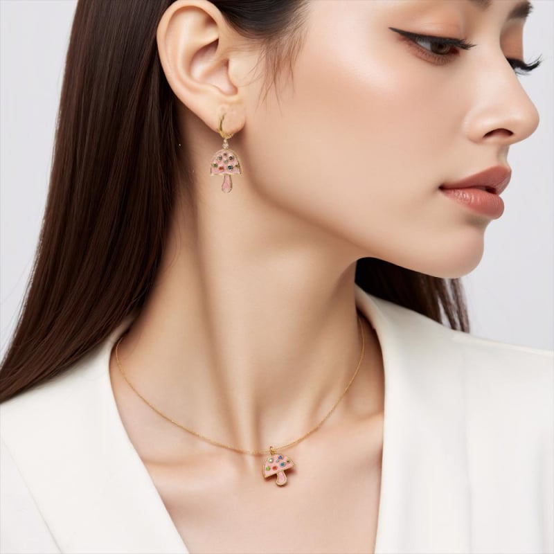 Set ogrlice i naušnica: gljiva-oblika privjesak s kristalima, nehrđajući čelik, završnica kapljica ulja, perljasti lanac, titan čelik visići dijelovi, sladak stil