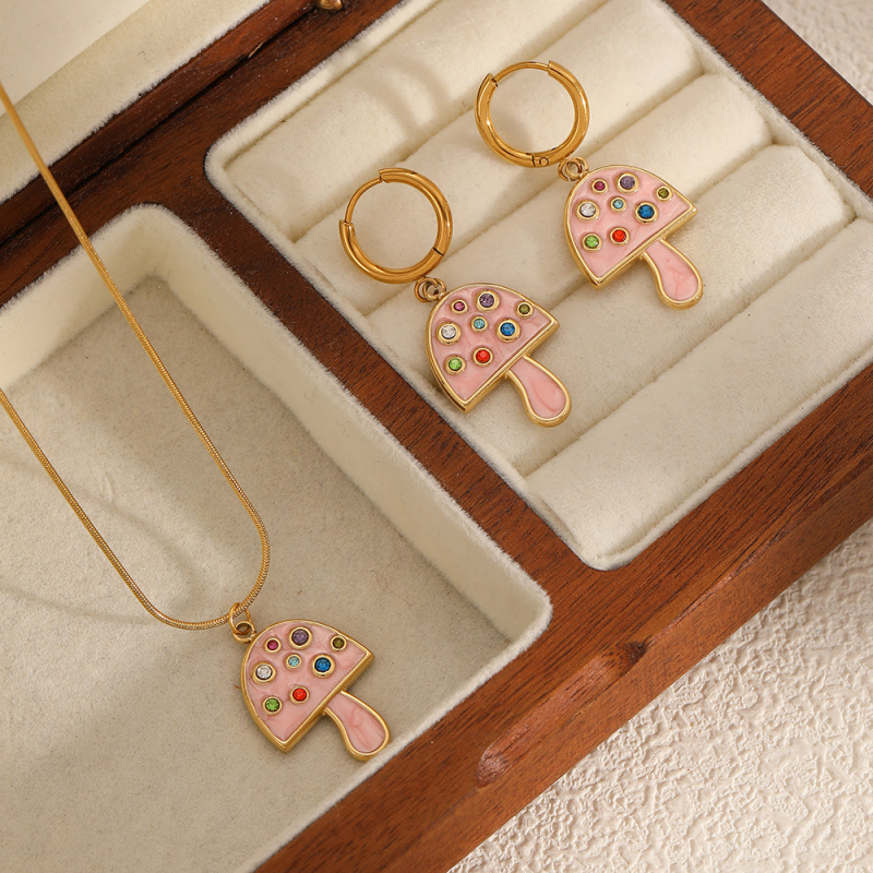 Set ogrlice i naušnica: gljiva-oblika privjesak s kristalima, nehrđajući čelik, završnica kapljica ulja, perljasti lanac, titan čelik visići dijelovi, sladak stil