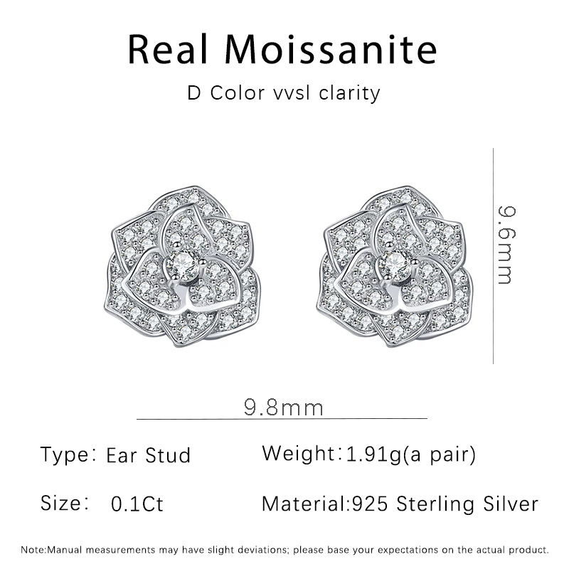 Camellia Moissanite fülbevalók, Sterling ezüst, virágos dizájn, vágás: 8 csillag és 8 nyíl