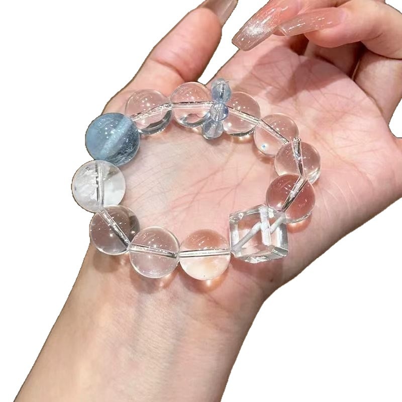 Designer verzija: Brazilska bijela akvamarinska kristalna narukvica s kubno izrezanim perlama, unisex, 16 perli po 12 mm