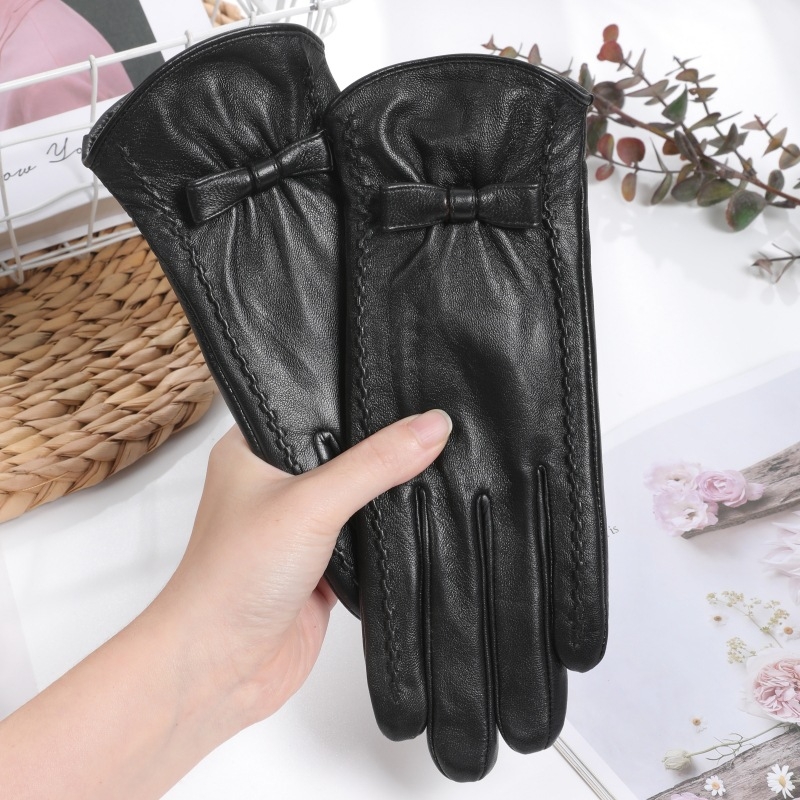 Női báránybőr kesztyűk – koreai stílusú masnival, jacquard hátsó rész, érintőképernyő-kompatibilis meleg, szélálló, vezetéshez és kültéri tevékenységekhez ősszel és télen.