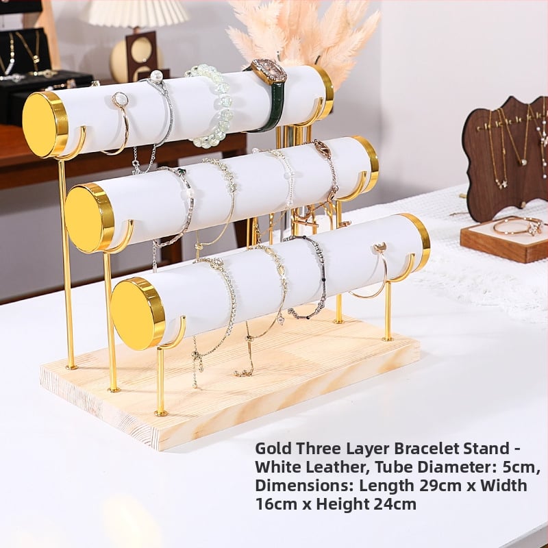 Триетажна дървена стойка за бижута за настолно експониране и съхранение на часовници и гривни