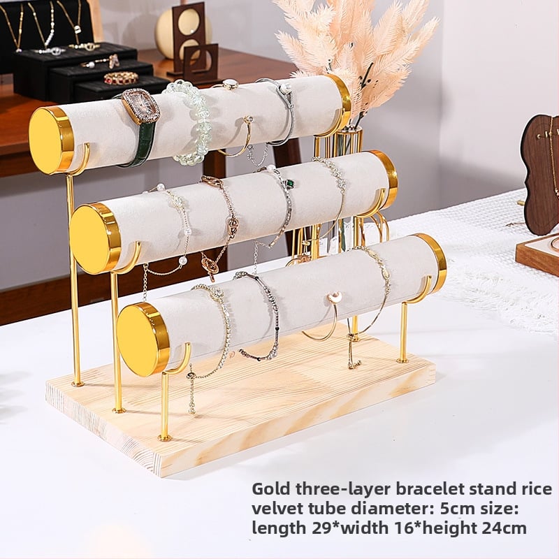 Триетажна дървена стойка за бижута за настолно експониране и съхранение на часовници и гривни