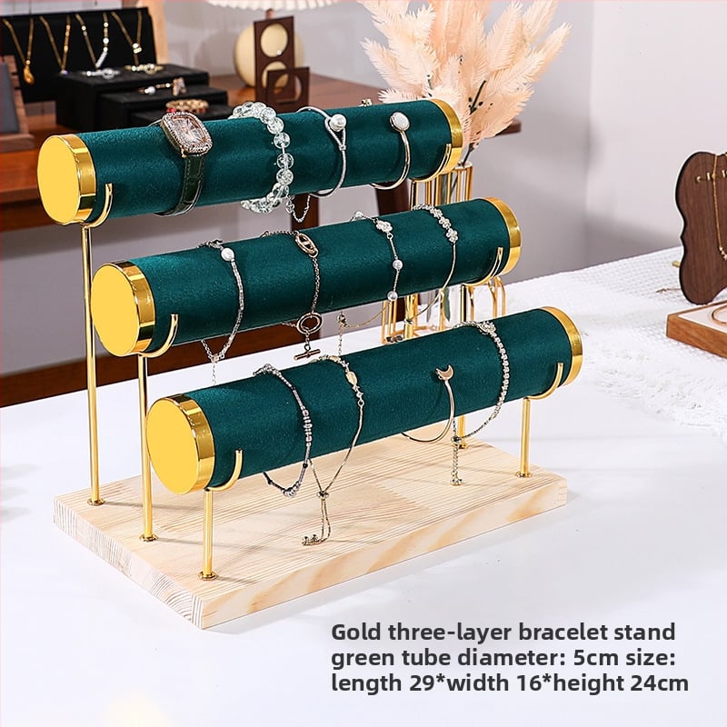 Триетажна дървена стойка за бижута за настолно експониране и съхранение на часовници и гривни