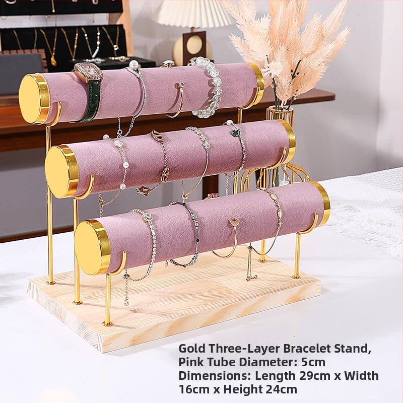Триетажна дървена стойка за бижута за настолно експониране и съхранение на часовници и гривни