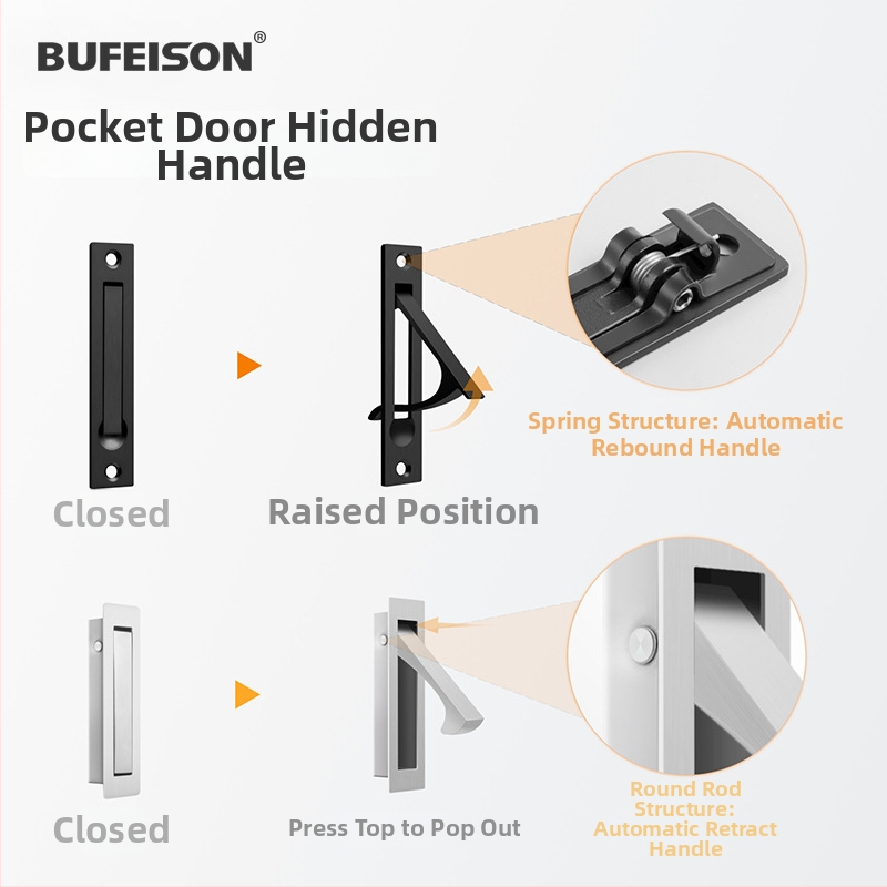 Kišeninių durų rankena — Nerūdijantis plienas, elektroplatuotas paviršius, Modernus minimalistinis stilius, tinka kišeninėms, įmontuotoms ir medinėms durims