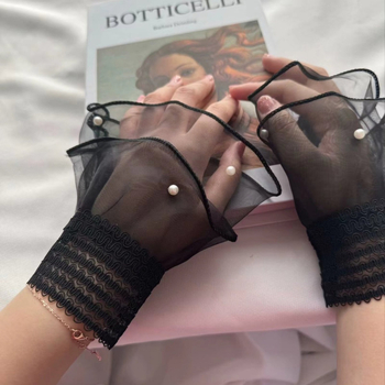 Mežģīņu viltus piedurknes sievietēm, īsas rokas locītavām, tīkla mežģīne, ziedu raksts, pirkstu daļas cimdi, saules aizsardzība, vasara un rudens