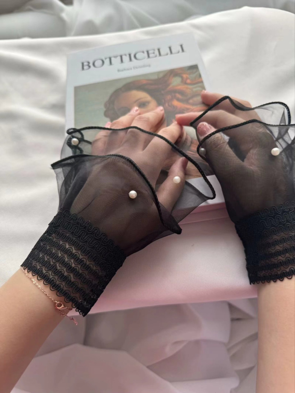 Mežģīņu viltus piedurknes sievietēm, īsas rokas locītavām, tīkla mežģīne, ziedu raksts, pirkstu daļas cimdi, saules aizsardzība, vasara un rudens