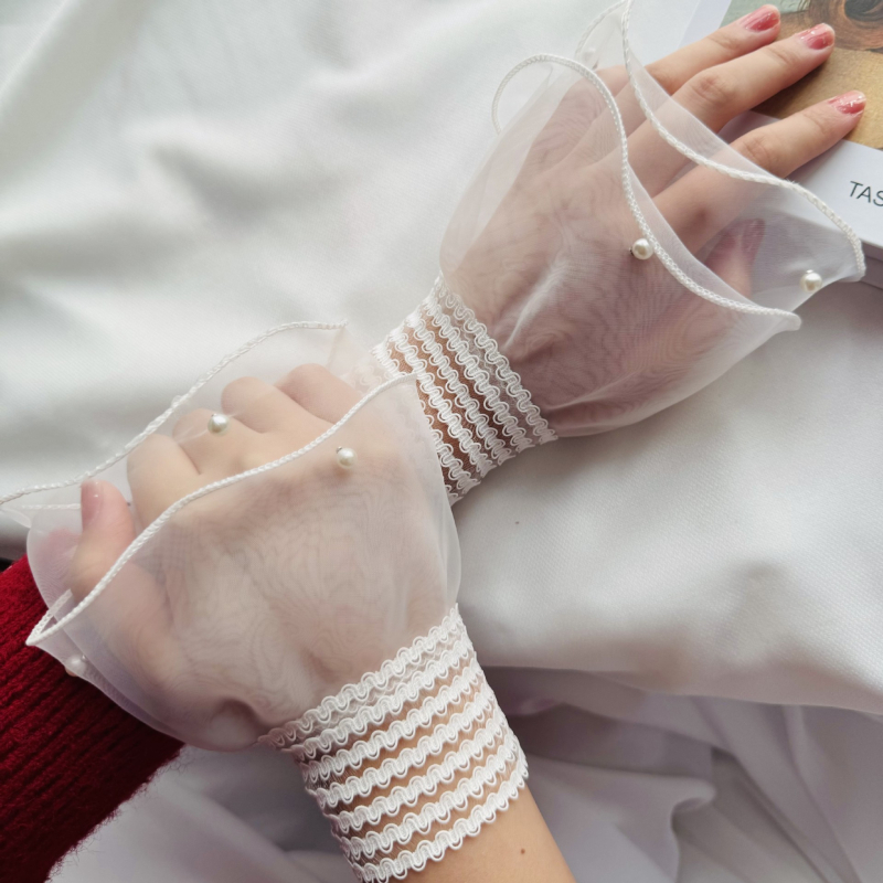 Mežģīņu viltus piedurknes sievietēm, īsas rokas locītavām, tīkla mežģīne, ziedu raksts, pirkstu daļas cimdi, saules aizsardzība, vasara un rudens