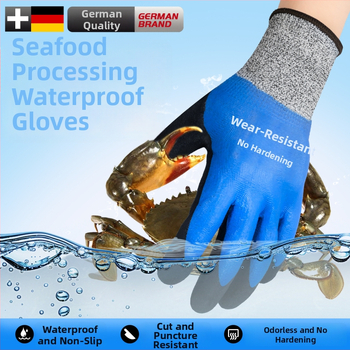 Jūros gėrybių tvarkymo pirštinės su natūralaus kaučiuko išore ir Kevlar pamušalu; atsparios vandeniui, žemoms temperatūroms ir išlaiko šilumą