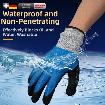 Jūros gėrybių tvarkymo pirštinės su natūralaus kaučiuko išore ir Kevlar pamušalu; atsparios vandeniui, žemoms temperatūroms ir išlaiko šilumą