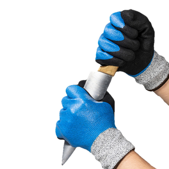 Jūros gėrybių tvarkymo pirštinės su natūralaus kaučiuko išore ir Kevlar pamušalu; atsparios vandeniui, žemoms temperatūroms ir išlaiko šilumą