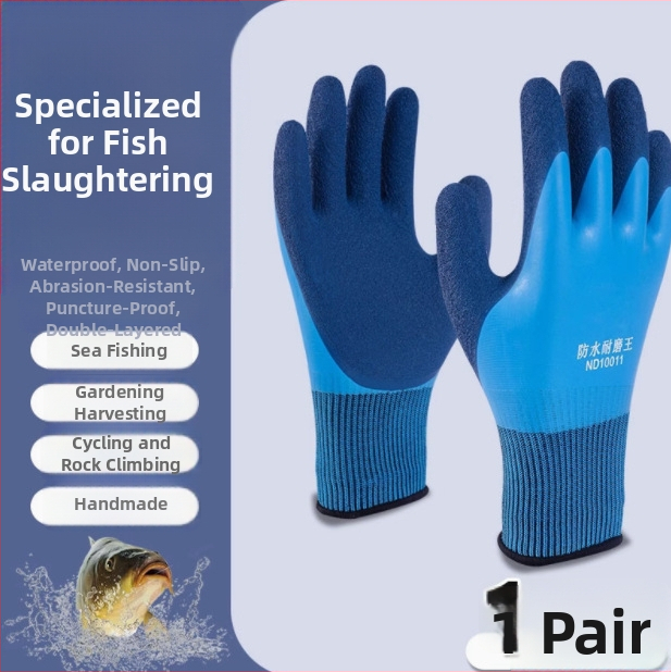 Jūros gėrybių tvarkymo pirštinės su natūralaus kaučiuko išore ir Kevlar pamušalu; atsparios vandeniui, žemoms temperatūroms ir išlaiko šilumą